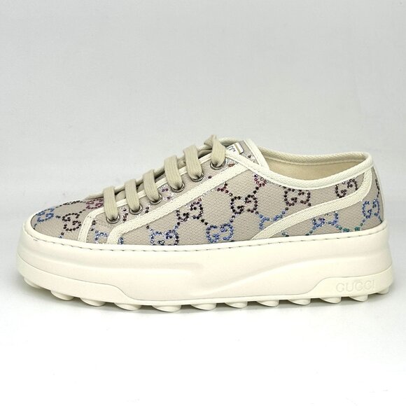 Gucci Treck Crystal GG Logo Canvas Low Top Platform Trainers Sneakers Shoes - Picture 2 of 16